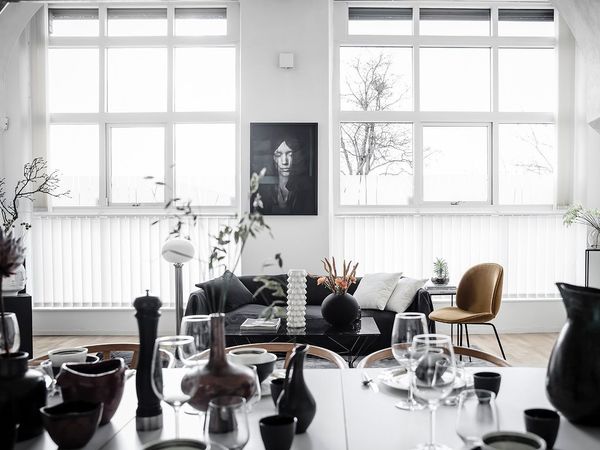 An eclectic studio in black and white hues