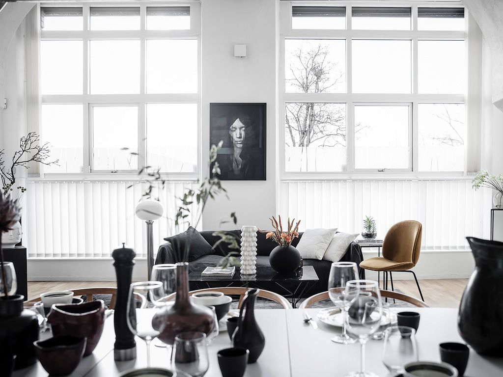 An eclectic studio in black and white hues