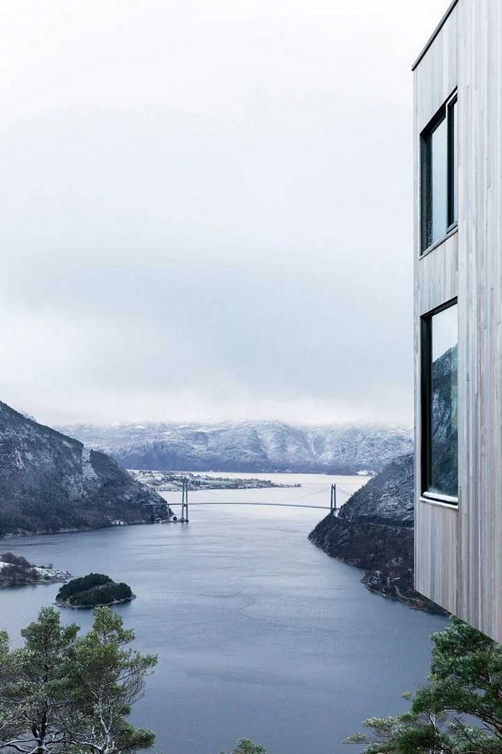 The Bolder Concept Hotel rises above a Norwegian fjord